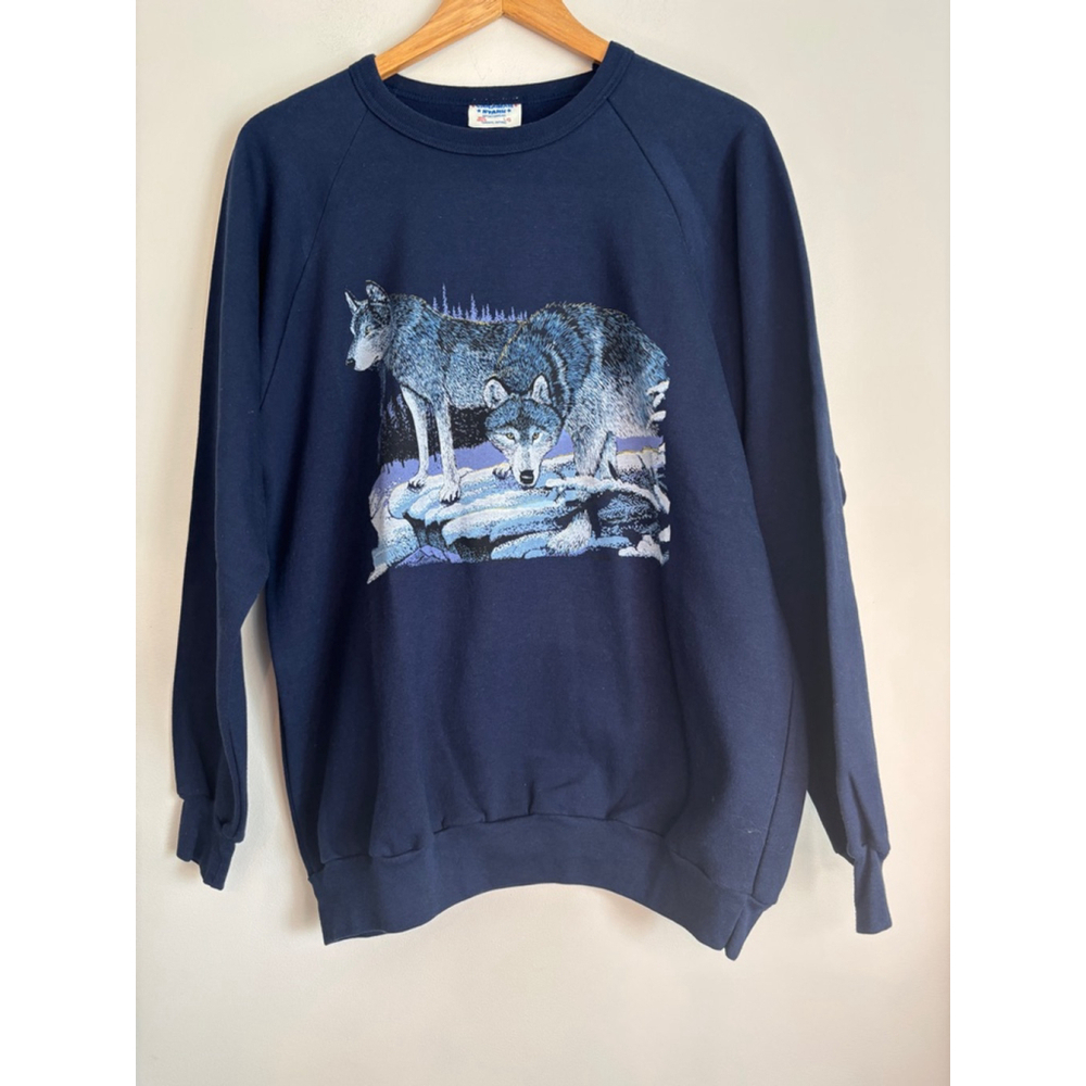Canadian Stars Sweatshirt Large Navy Timber Wolf Graphic 90s